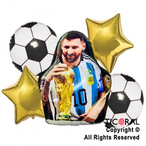 SET DE GLOBOS METALIZADO FUTBOL MESSI CON LA COPA DEL MUNDO 5 UNIDADES X 1